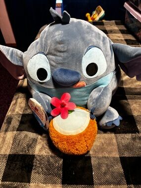 Disney Blue Stitch Plush with Pink Flower and Brown Coconut